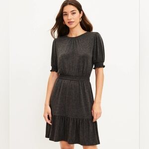 LOFT smocked flounce dress in a heathered gray knit fabric - SP